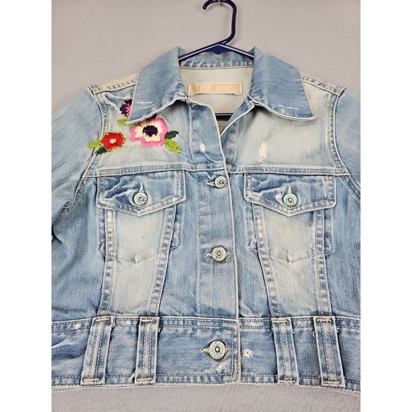 Zara TRF 100% Denim Jacket Women's Medium Blue Floral Embroidered - Picture 2 of 12